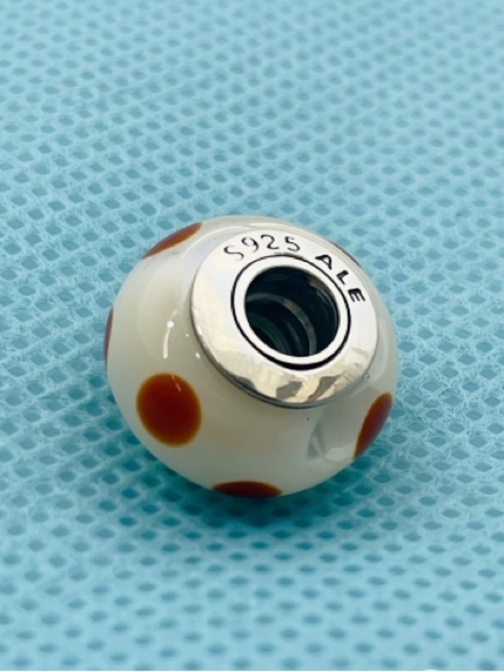 Sterling 925 White Glass Bead with Brown Dot Accent - Women Jewelry